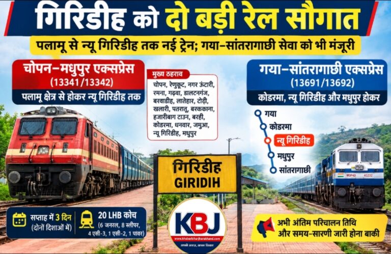 गिरिडीह को दो बड़ी रेल सौगात, पलामू से न्यू गिरिडीह तक नई ट्रेन; गया-सांतरागाछी सेवा को भी मंजूरी